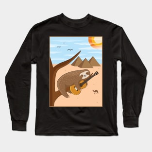 Lazy Sloth With Guitar Relaxing Slow Calm Music Long Sleeve T-Shirt